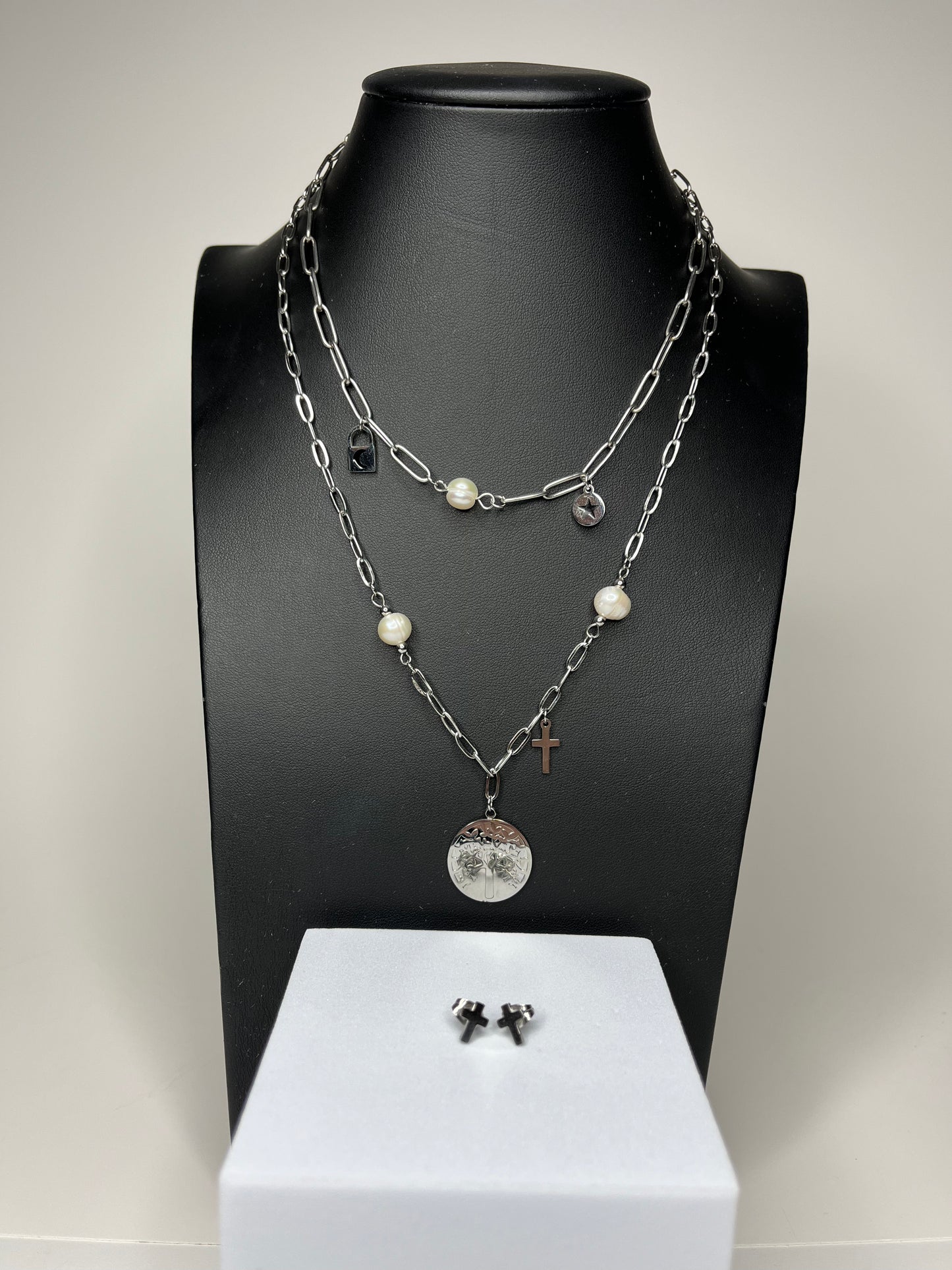 The Venus Necklace - Pearl, charms, cross and link details - Set includes Earrings and 2 layered Necklaces - Gold and Silver