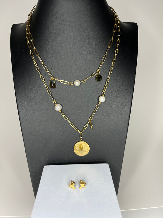 The Venus Necklace - Pearl, charms, cross and link details - Set includes Earrings and 2 layered Necklaces - Gold and Silver